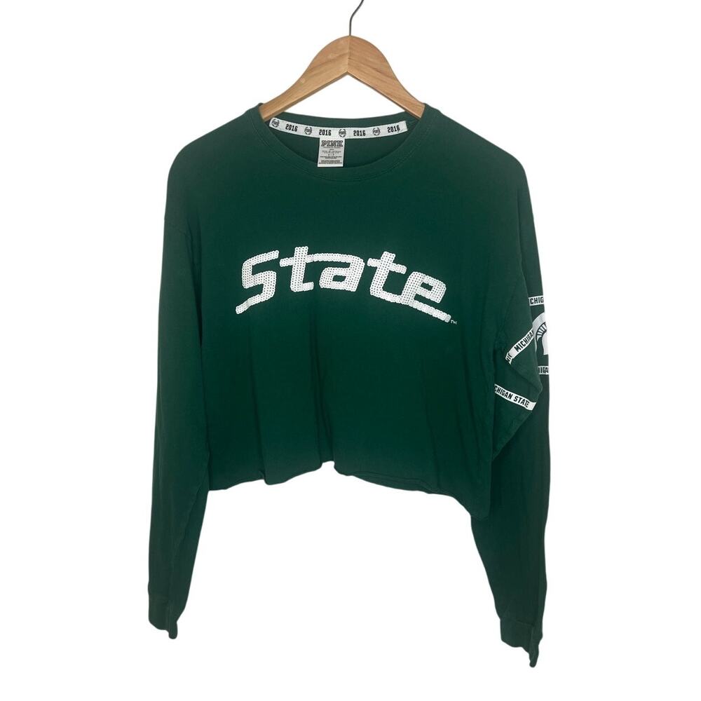 Victoria's Secret PINK Michigan State MSU Spartans Long Sleeve Crop Size Small - Picture 2 of 11